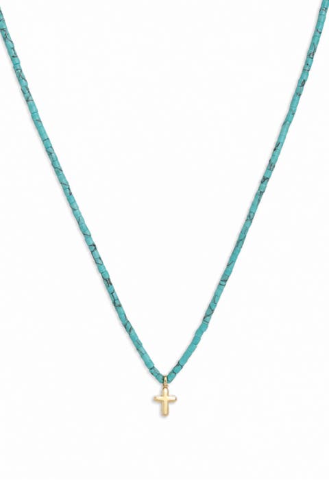 Turquoise Bead Puffy Cross Pendant Necklace