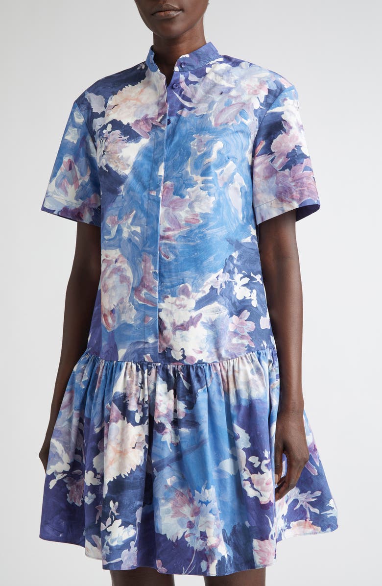 Erdem Short Sleeve Cotton Poplin Mini Shirtdress, Alternate, color, Artist Garden Pale Cobalt