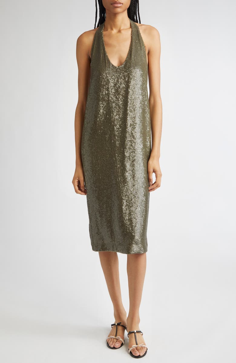 FERRAGAMO Sequin Halter Cocktail Dress, Main, color, Concrete