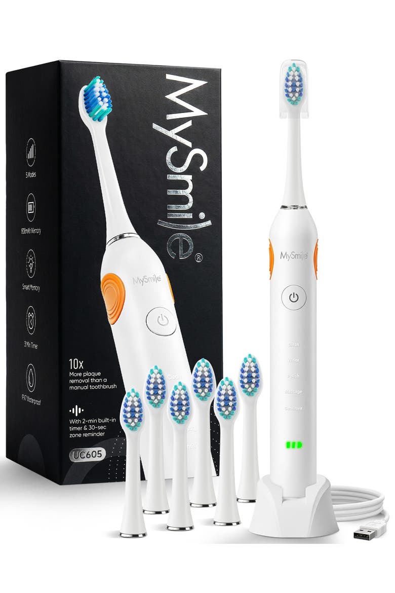 UC605 Elite Sonic Electric Toothbrush with 6 Brush Heads, Main, color, White