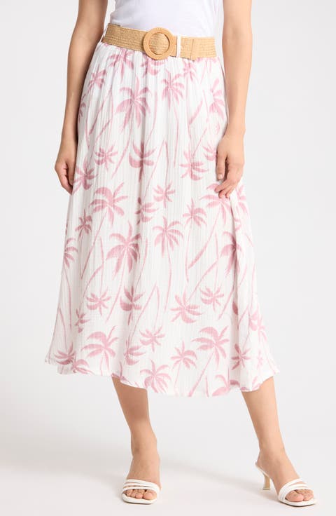 Palm Tree Belted Cotton Gauze Skirt