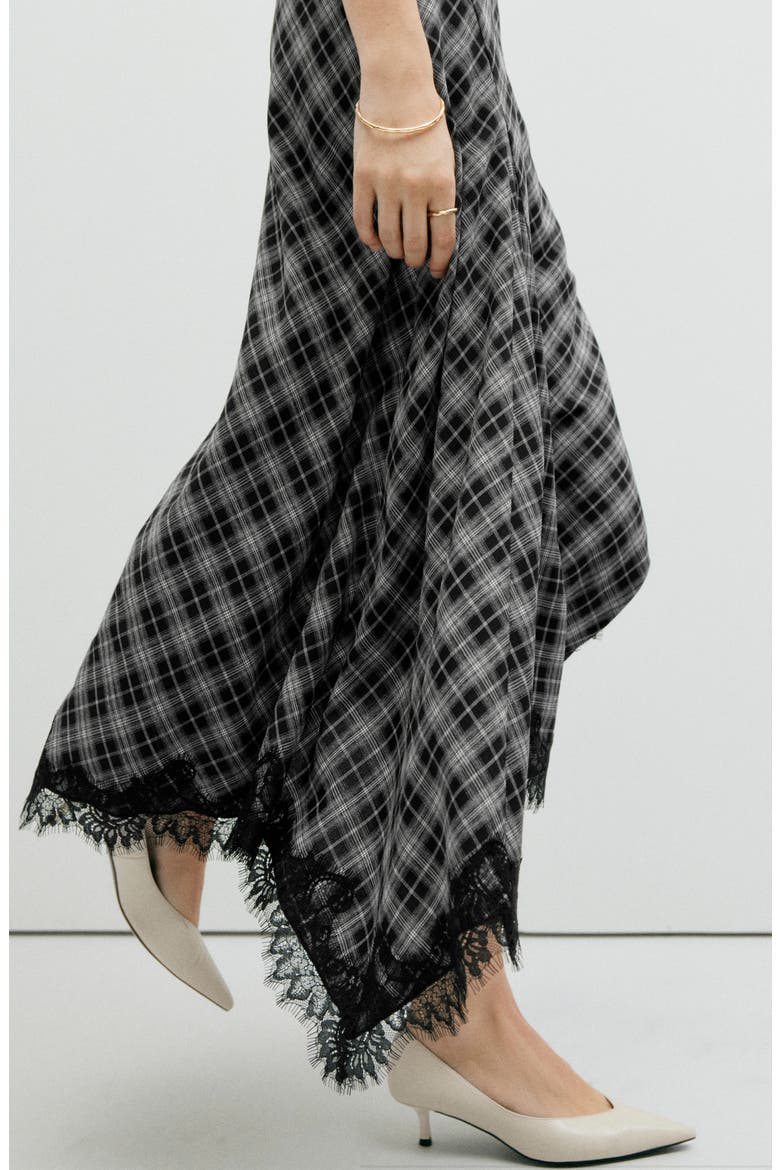Lace Trim Plaid Midi Skirt, Alternate, color, BLACK
