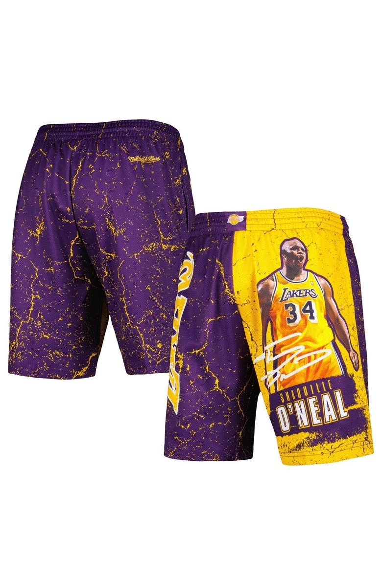 Mitchell & Ness Men's Mitchell & Ness Shaquille O'Neal Purple Los Angeles Lakers Hardwood Classics Player Burst Shorts, Main, color,