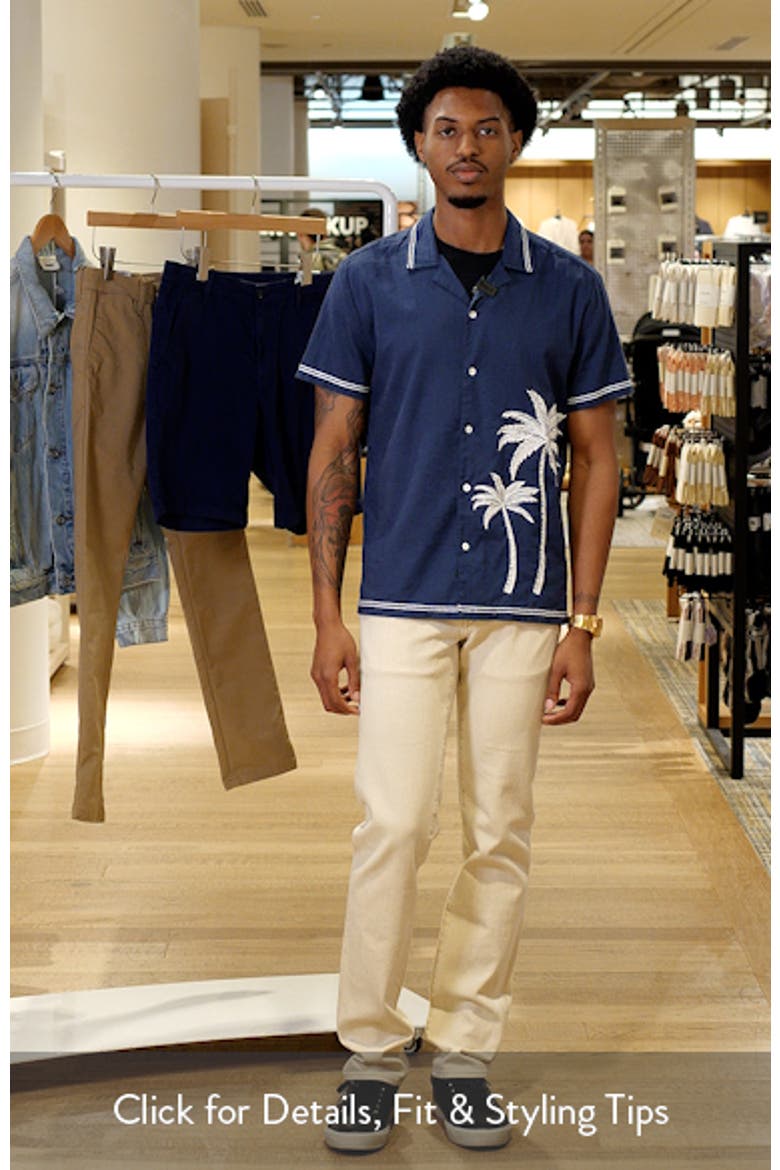 Gibson Palm Tree Embroidered Short Sleeve Linen Blend Button-Up Shirt video