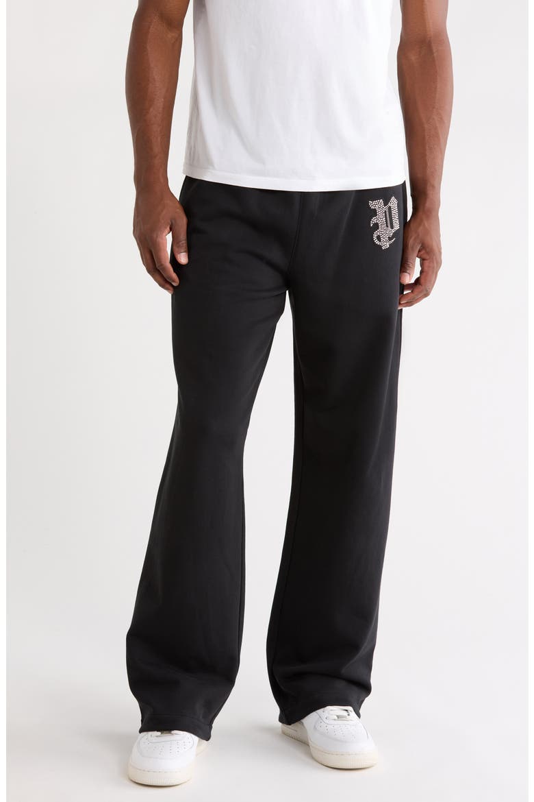 Logo Embellished Cotton Fleece Pants, Main, color, BLACK