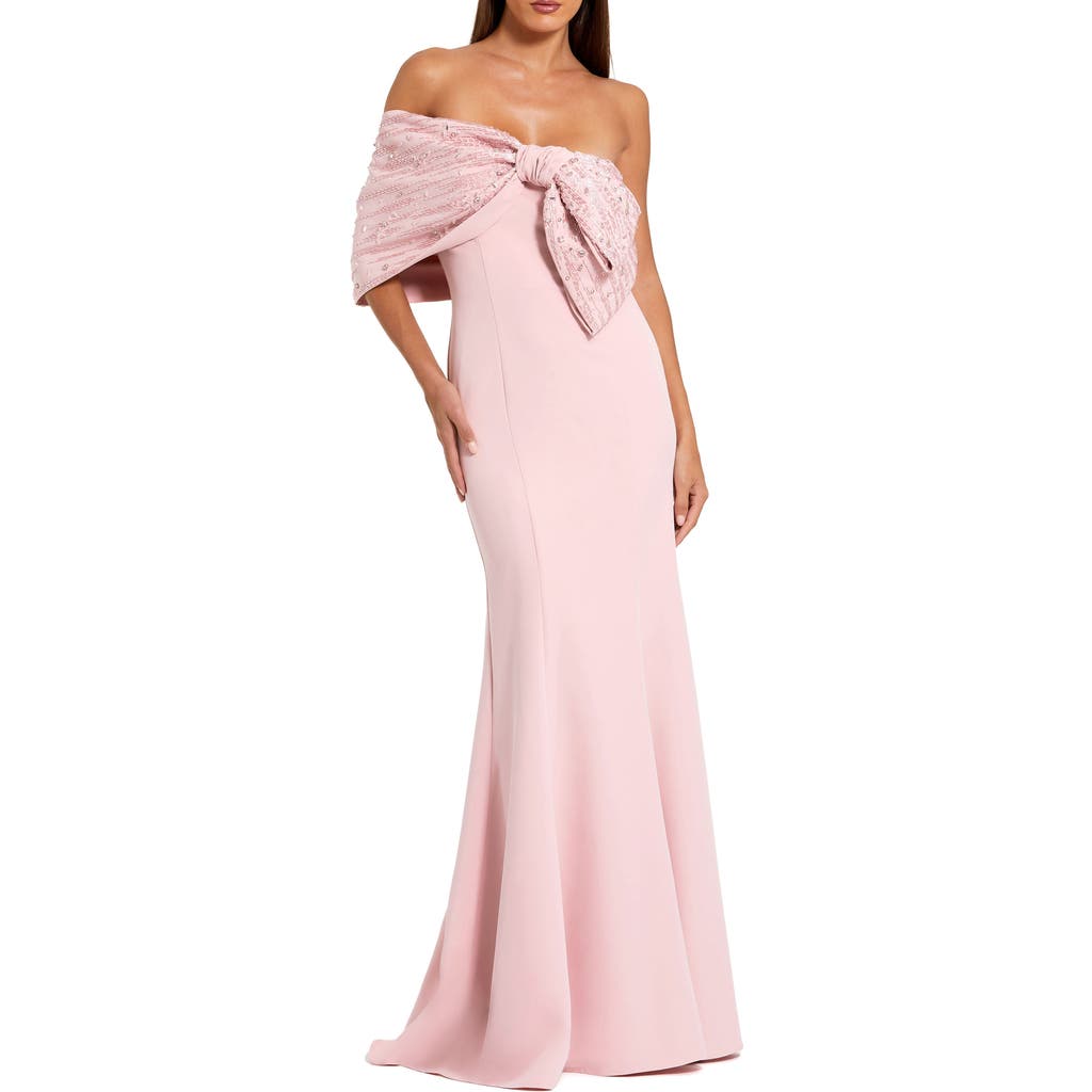 Mac Duggal Off-the-shoulder Satin Mermaid Gown With Beaded Bow Detail In Blush