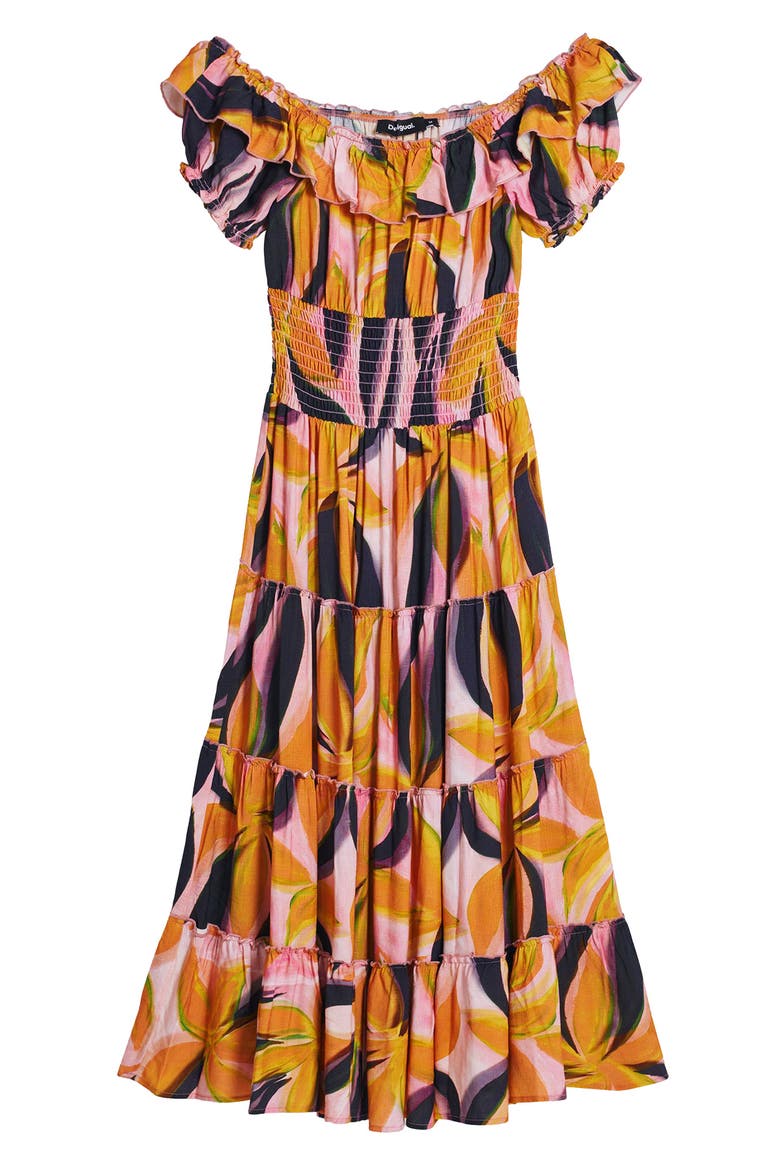 Abstract Print Off the Shoulder Tiered Midi Dress, Alternate, color, PINK MULTI