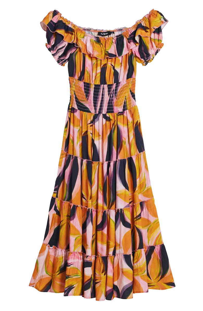 Desigual Abstract Print Off the Shoulder Tiered Midi Dress, Alternate, color, Pink Multi