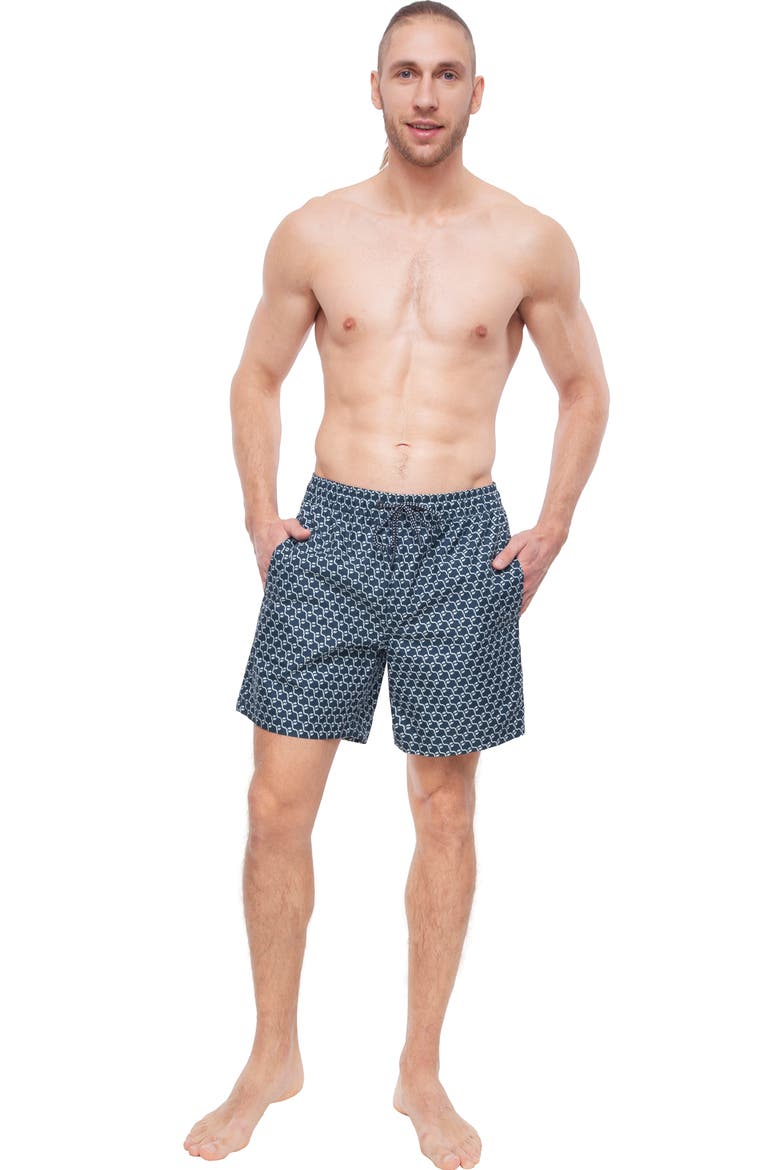 Men's 7" Compression Liner Swim Trunks with Back Zipper Pocket, UPF 50+, Alternate, color, Navy Print