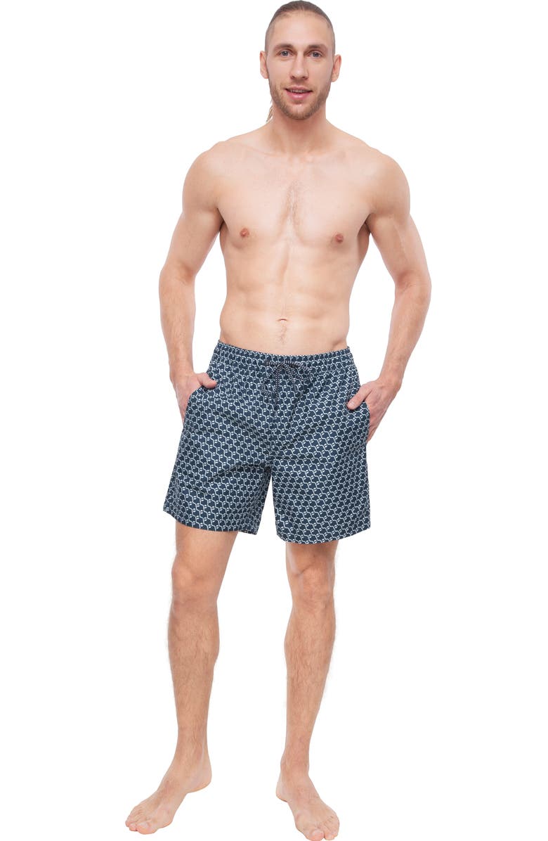 Rokka&Rolla Men's 7" Compression Liner Swim Trunks with Back Zipper Pocket, UPF 50+, Alternate, color, Navy Print