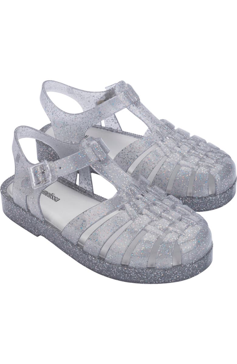 Mini Melissa Kids' Mini Posession Jelly Fisherman Sandal, Main, color, Glitter Clear Silver