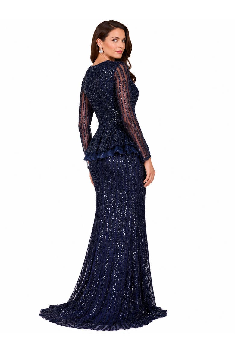 Long Sleeve Beaded Peplum Dress, Alternate, color, Navy