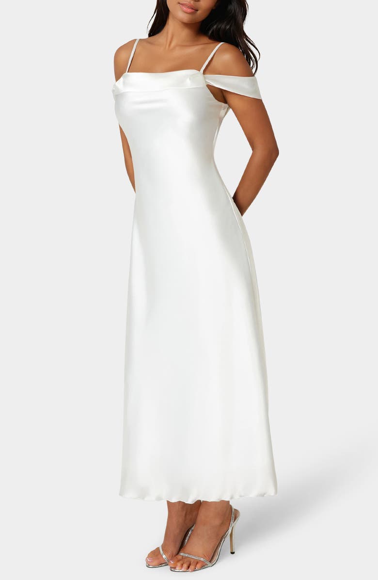 bebe Drape Shoulder Satin Midi Dress, Alternate, color, Ivory