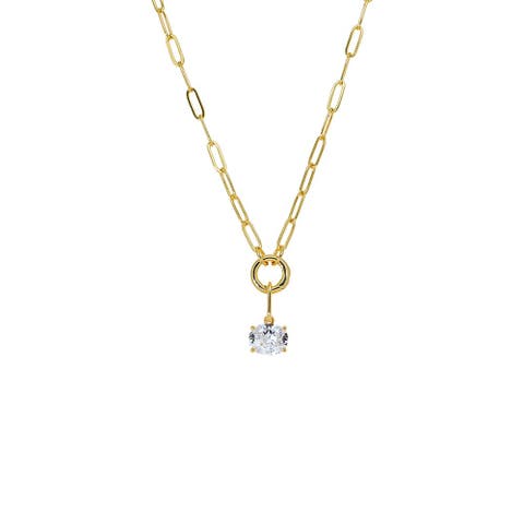 Colored CZ Oval Charm & Paperclip Clicker Toggle Link Necklace