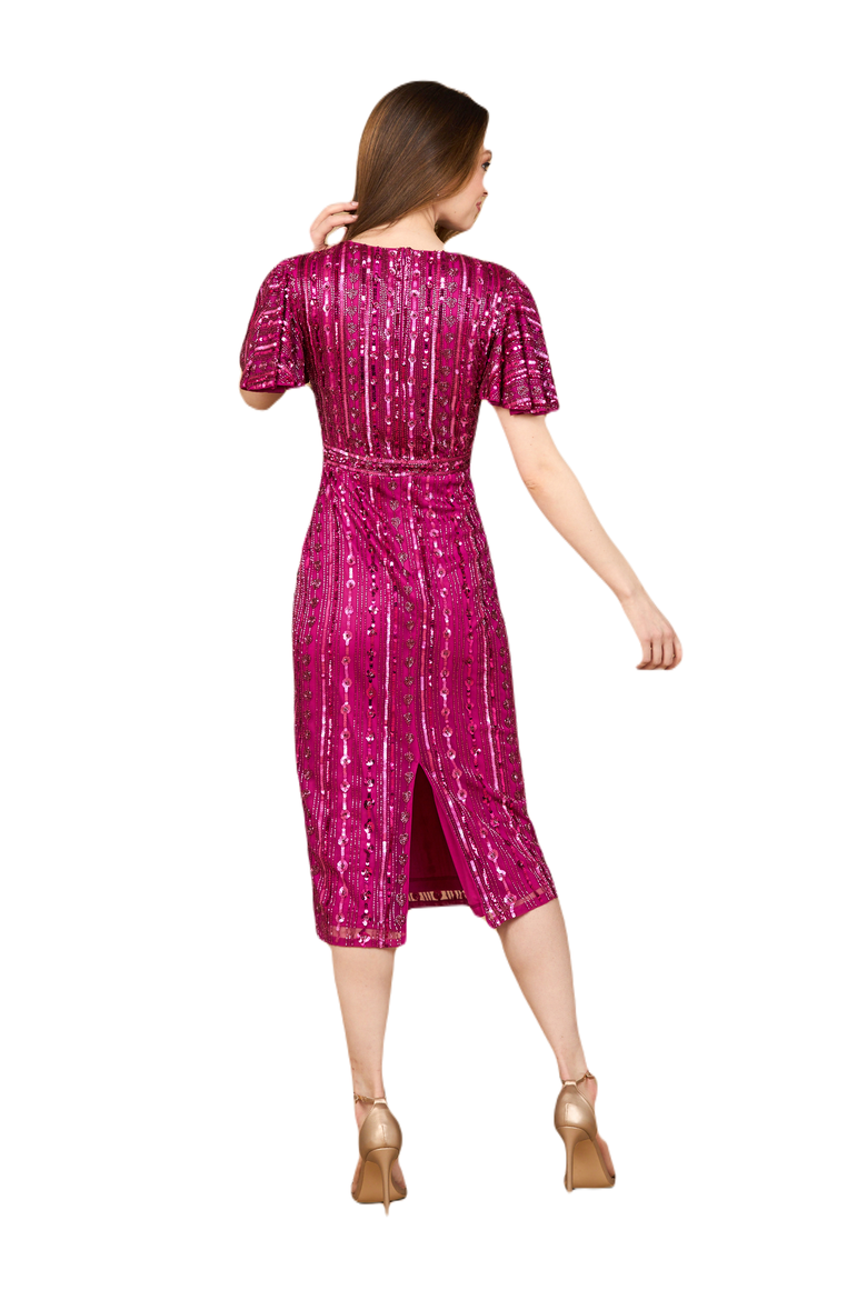 Beaded Midi Dress with Flutter Sleeves, Alternate, color, Berry