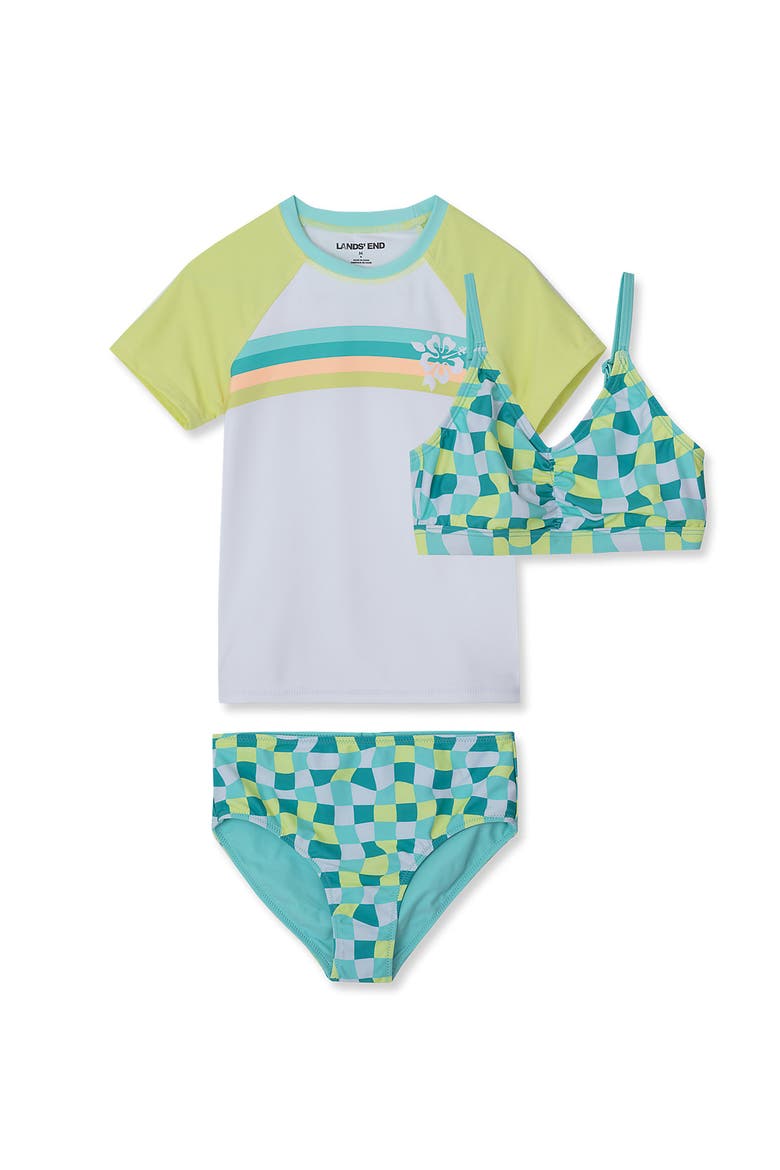 Girls Chlorine Resistant Short Sleeve Rash Guard 3 Piece Swimsuit Set, Alternate, color, Checkers/Turquoise