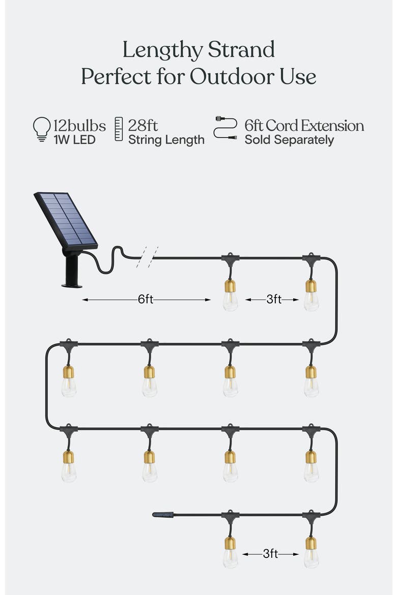 48 ft, 15 light Solar Powered Heavy Duty LED Outdoor String Lights, Gold Accent Brass Socket, Weatherproof Bulbs, Alternate, color, 28 ft 12 Bulbs | Warm White