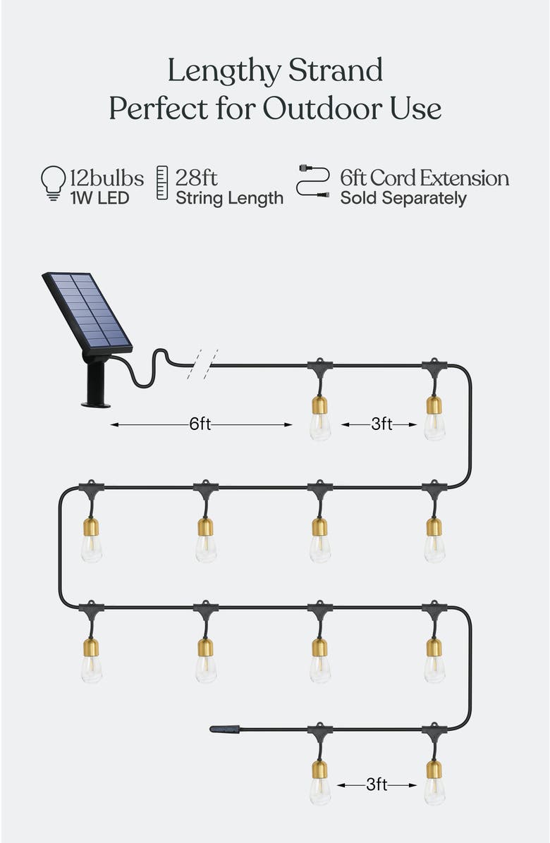 Brightech 48 ft, 15 light Solar Powered Heavy Duty LED Outdoor String Lights, Gold Accent Brass Socket, Weatherproof Bulbs, Alternate, color, 28 Ft 12 Bulbs | Warm White