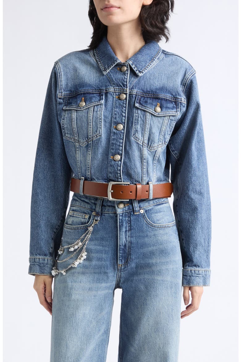 Graciel Belted Cropped Denim Jacket, Main, color, AMBERSTONE
