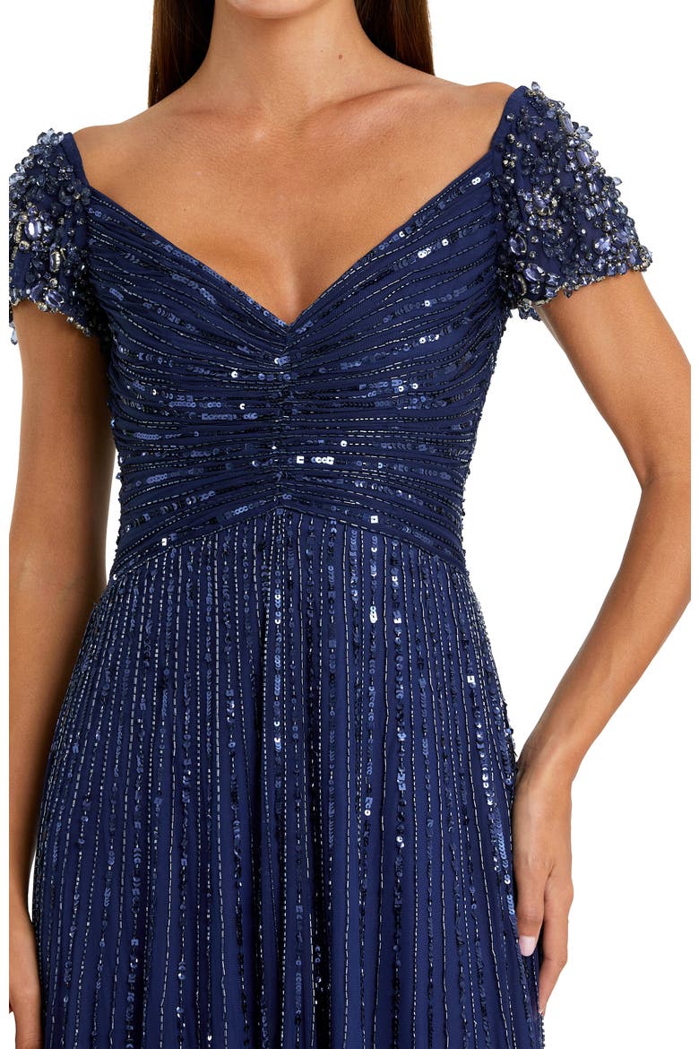 Women's Beaded Cap Sleeve V-Neck A-Line Evening Gown, Alternate, color, Sapphire