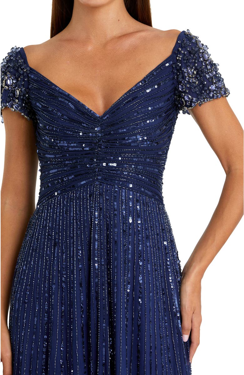 Mac Duggal Striped Sequin Mesh Gown With Beaded Shoulders, Alternate, color, Sapphire