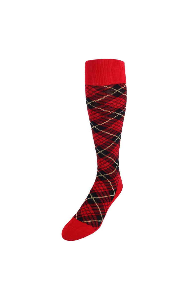 Trafalgar Finn Tartan Plaid Over The Calf Mercerized Cotton Socks, Main, color, Red/Black/Yolk Tartan Plaid