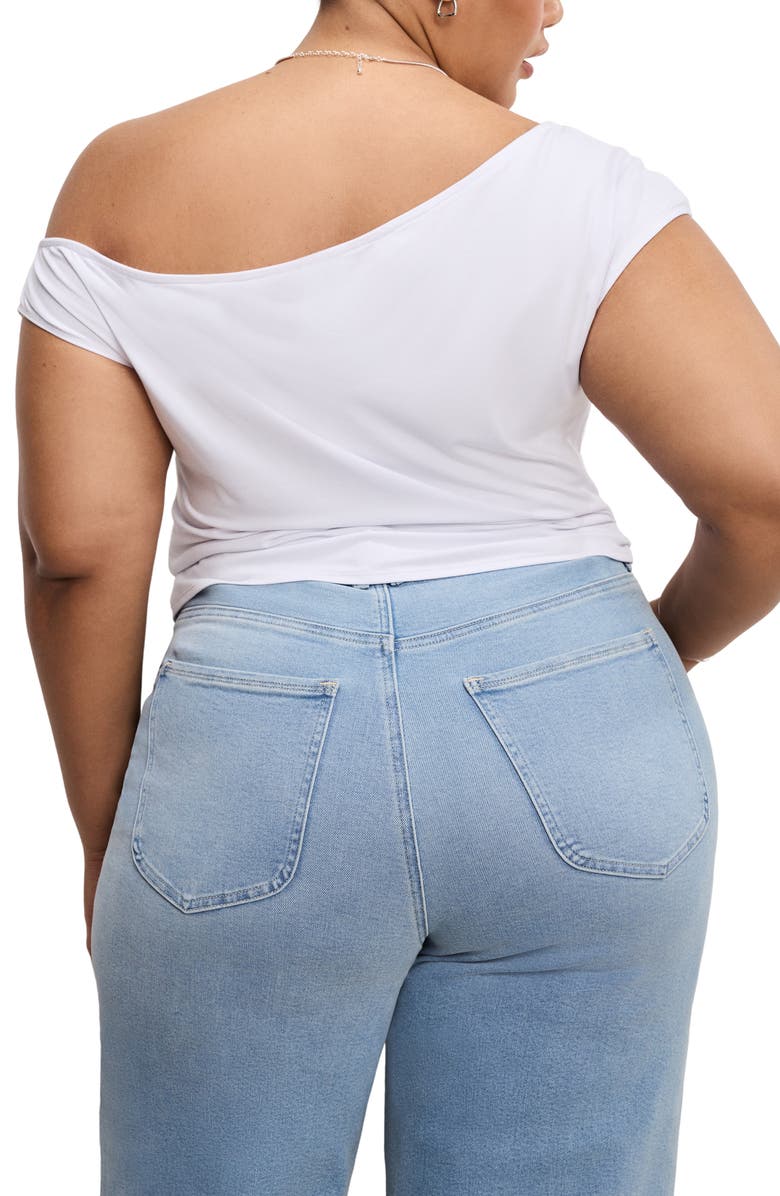 Good American Asymmetric Off the Shoulder Jersey Top, Alternate, color, White001