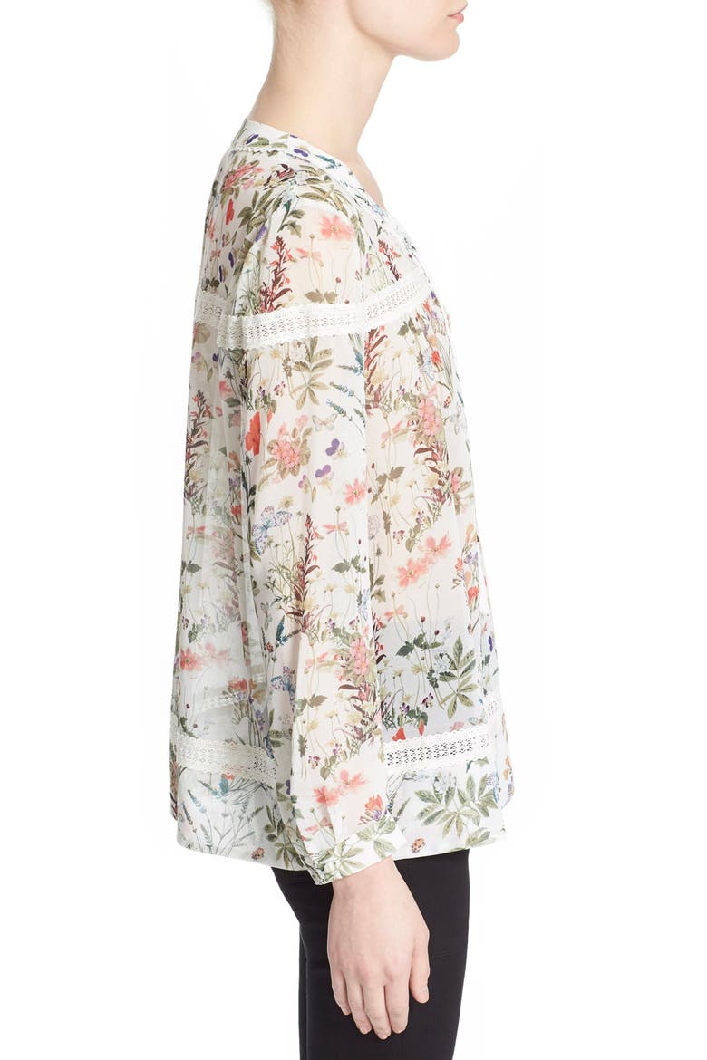 Lace Trim Botanic Print Chiffon Top, Alternate, color, WHITE