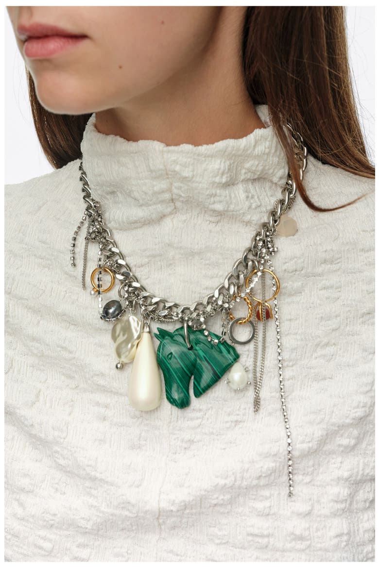 Charm Necklace with Rings, Pearls and Horse, Alternate, color, DARK SILVER