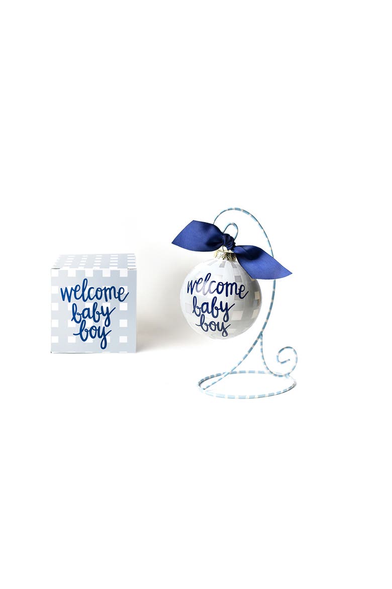 Welcome Baby Boy Gingham Glass Ornament with Light Blue and White Stand, Main, color, White