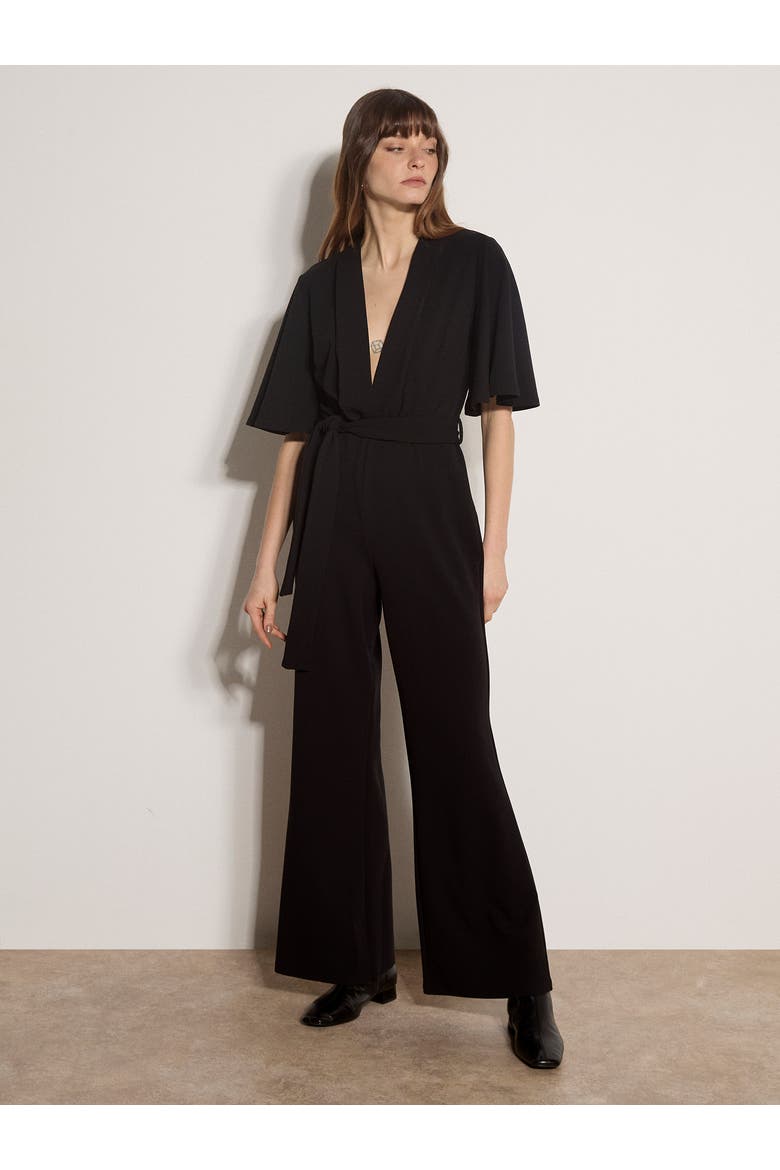 Angel Sleeve Jersey Crepe Jumpsuit, Alternate, color, Black