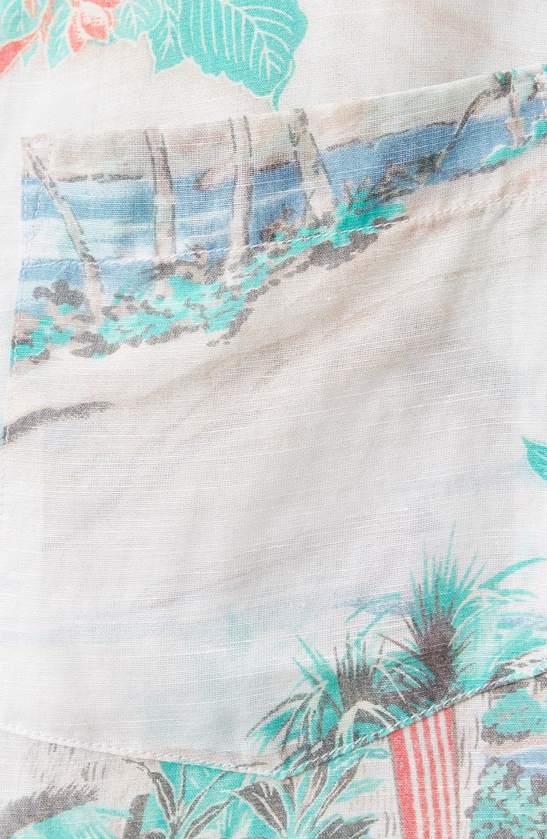 AllSaints Biarritz Tropical Print Viscose & Linen Camp Shirt, Alternate, color, Frosted White