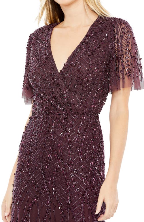 Mac Duggal Beaded Leaves Butterfly Sleeve Gown In Aubergine