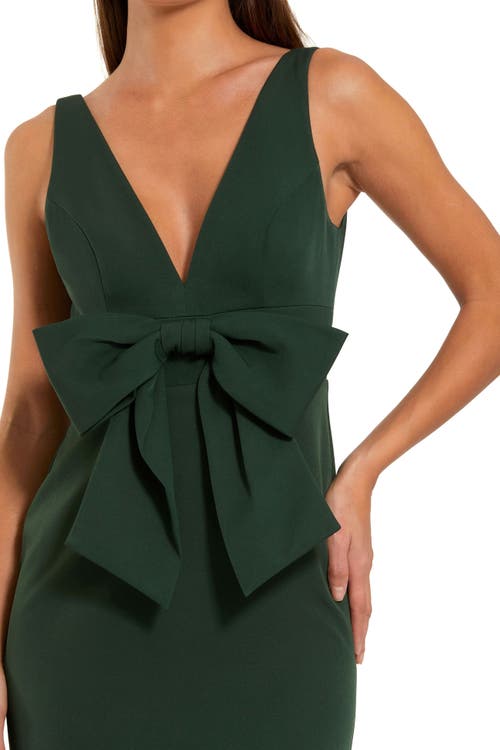 Mac Duggal Crepe Sleeveless V Neck Column Dress With Bow In Green