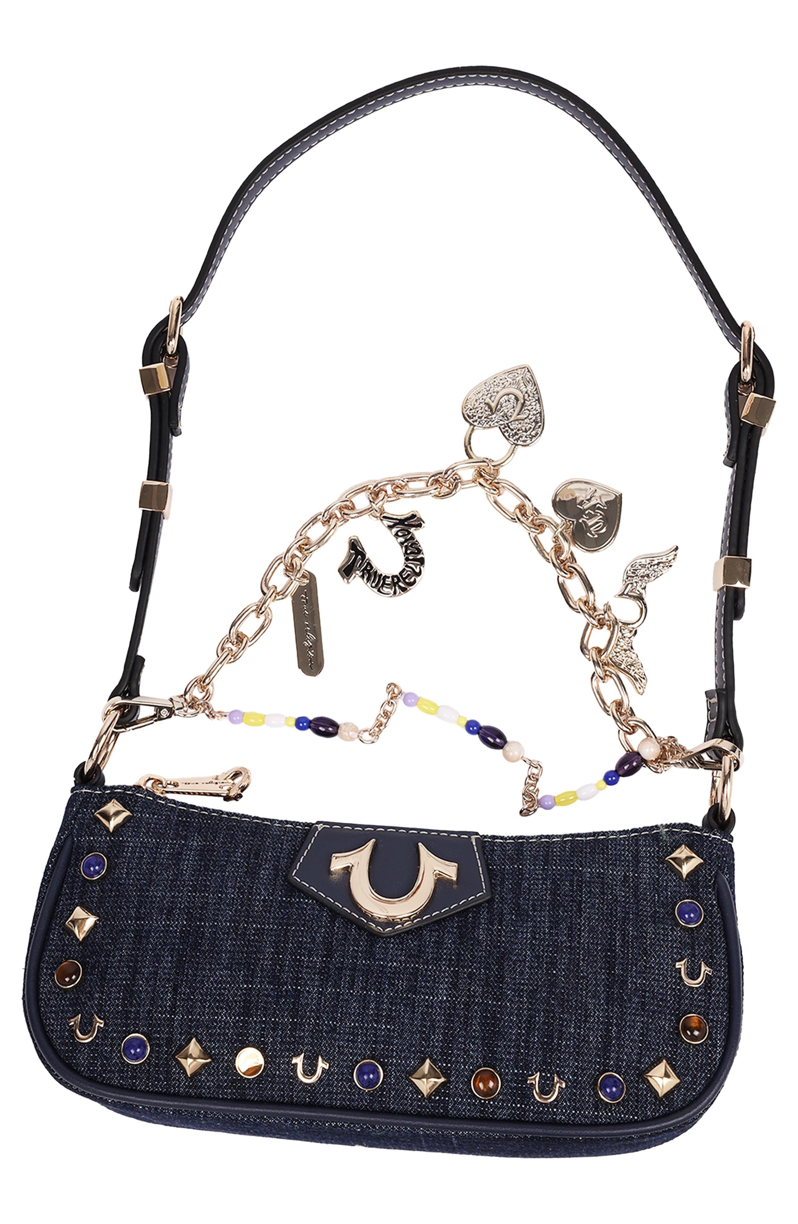 Chain & Studs Denim Shoulder Bag, Alternate, color, DARK DENIM