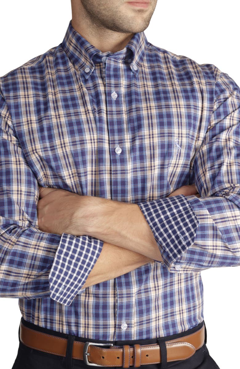 TailorByrd Navy Khaki Plaid Long Sleeve Cotton Stretch Button Down Shirt, Alternate, color, Blue/ Khaki