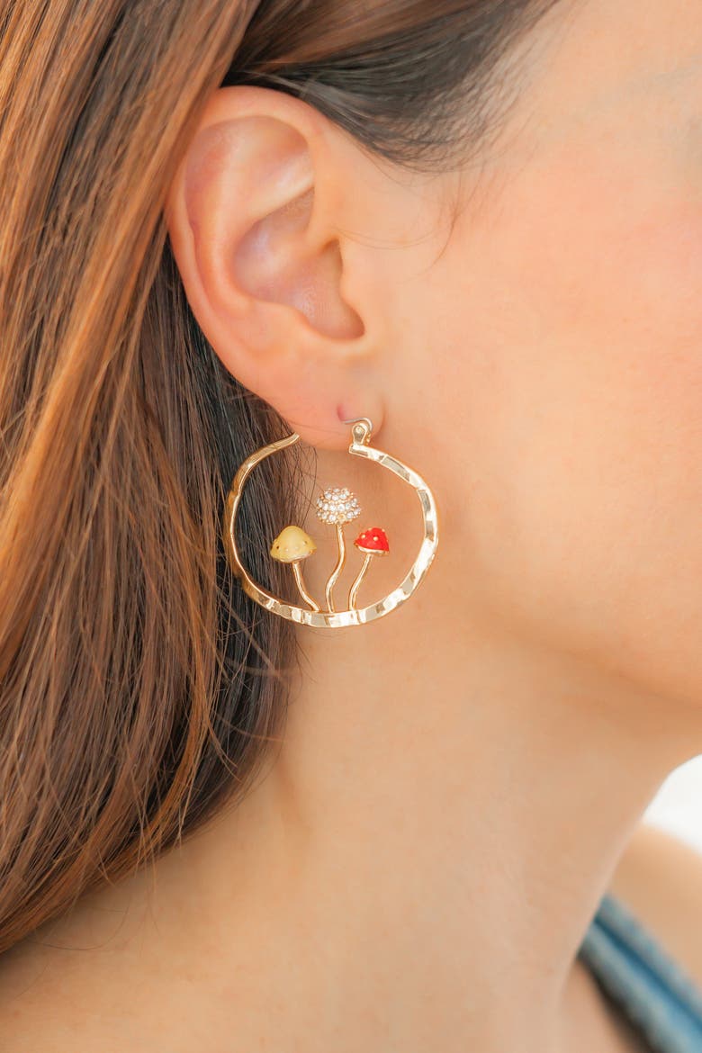 Boho Mushroom Hoop Earrings, Alternate, color, Gold-Tone