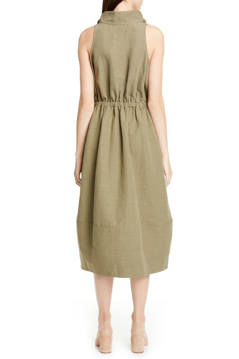 Cinched Cowl Neck Cotton & Linen Blend Midi Dress, Alternate, color, OLIVE