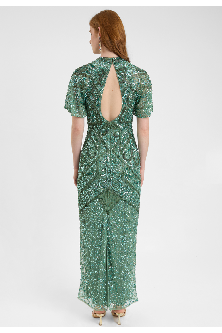 Embellished Sequin Beaded With Short Flutter Sleeves Maxi Dress, Alternate, color, GREEN
