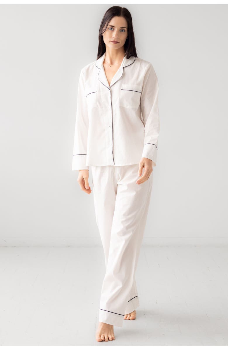 SALUA Classic Woven Cotton Pajama Set, Alternate, color, White/Navy