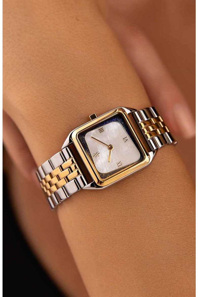 Geminus Double-Gemstone Watch, Alternate, color, White Pearl/Lapis-Two Tone