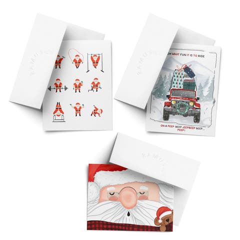 Santa Working Out, Santa Nap, Winter Jeep Winter/Holiday/Christmas Greeting Card Pack Sets (3 ct, Assorted)