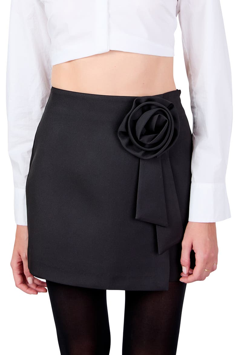 Rosette Faux Wrap Miniskirt, Alternate, color, BLACK