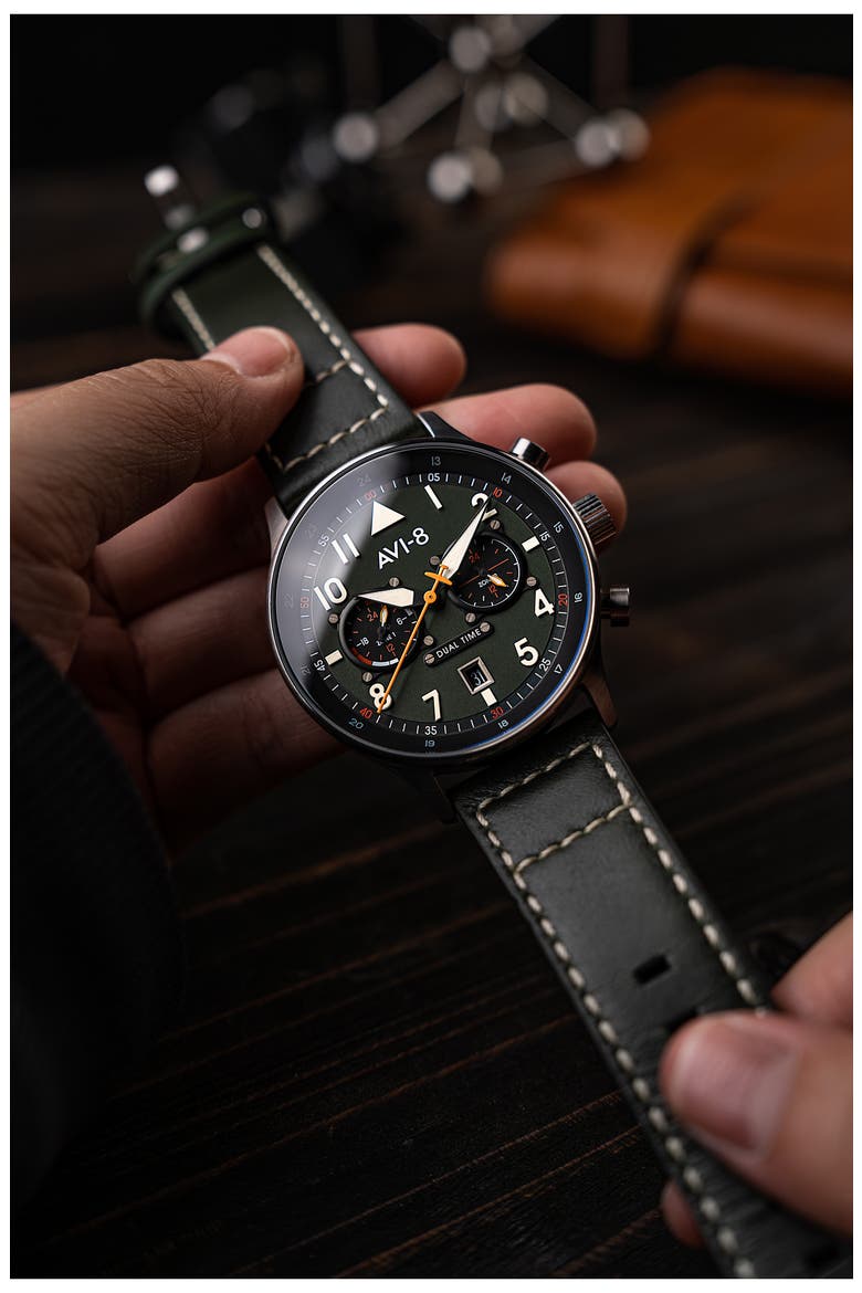 Hawker Hurricane Carey Chronograph Leather Strap Watch, 44mm, Alternate, color, GREEN
