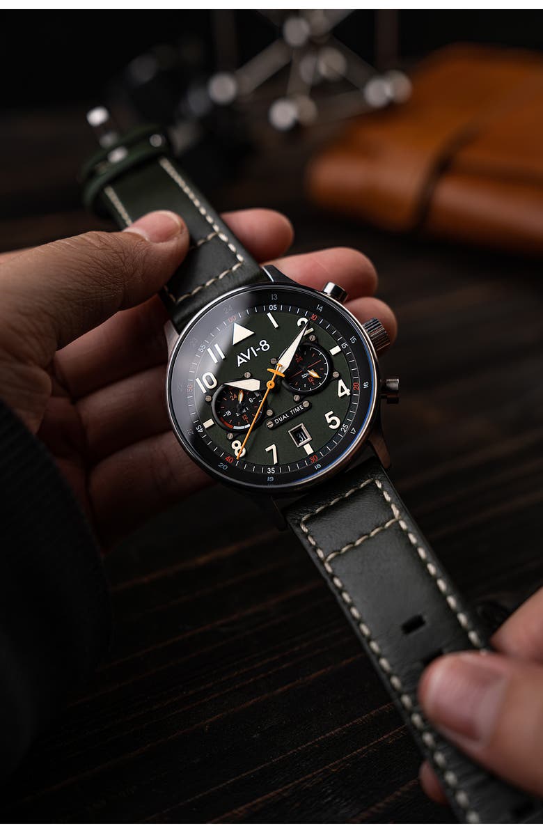 AVI-8 Hawker Hurricane Carey Chronograph Leather Strap Watch, 44mm, Alternate, color, Green