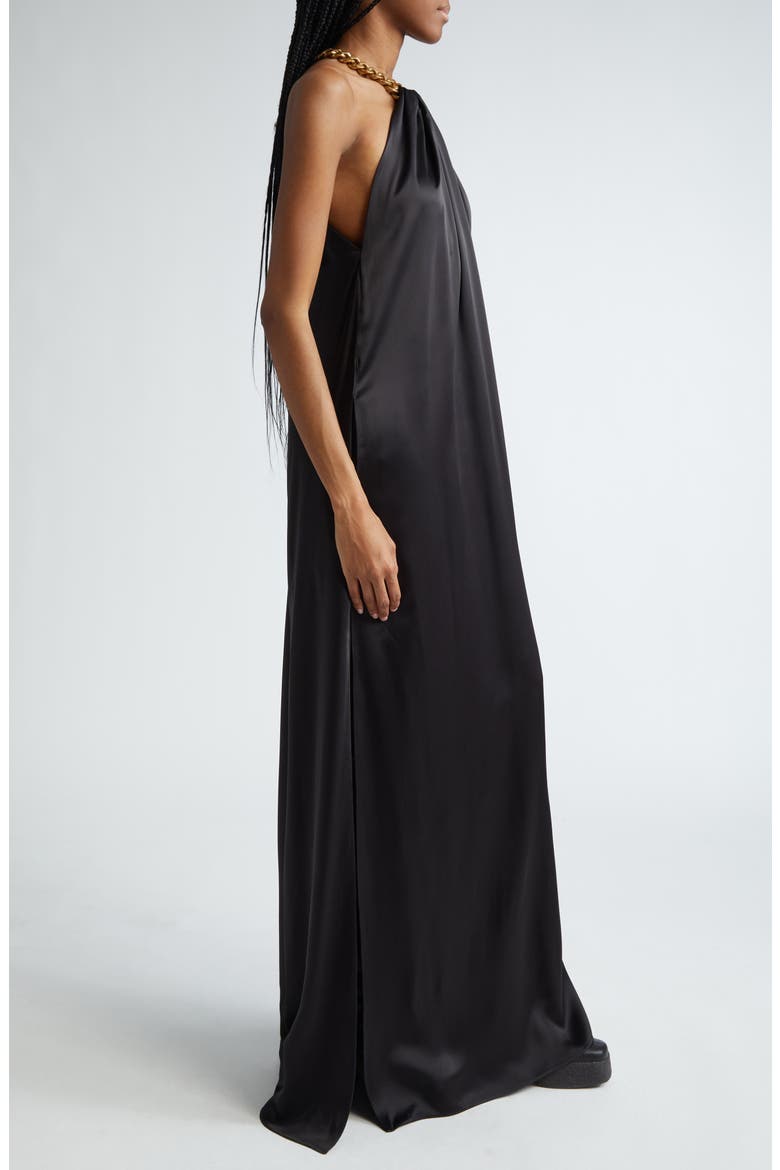 Chain Crossover Halter Satin Gown, Alternate, color, BLACK