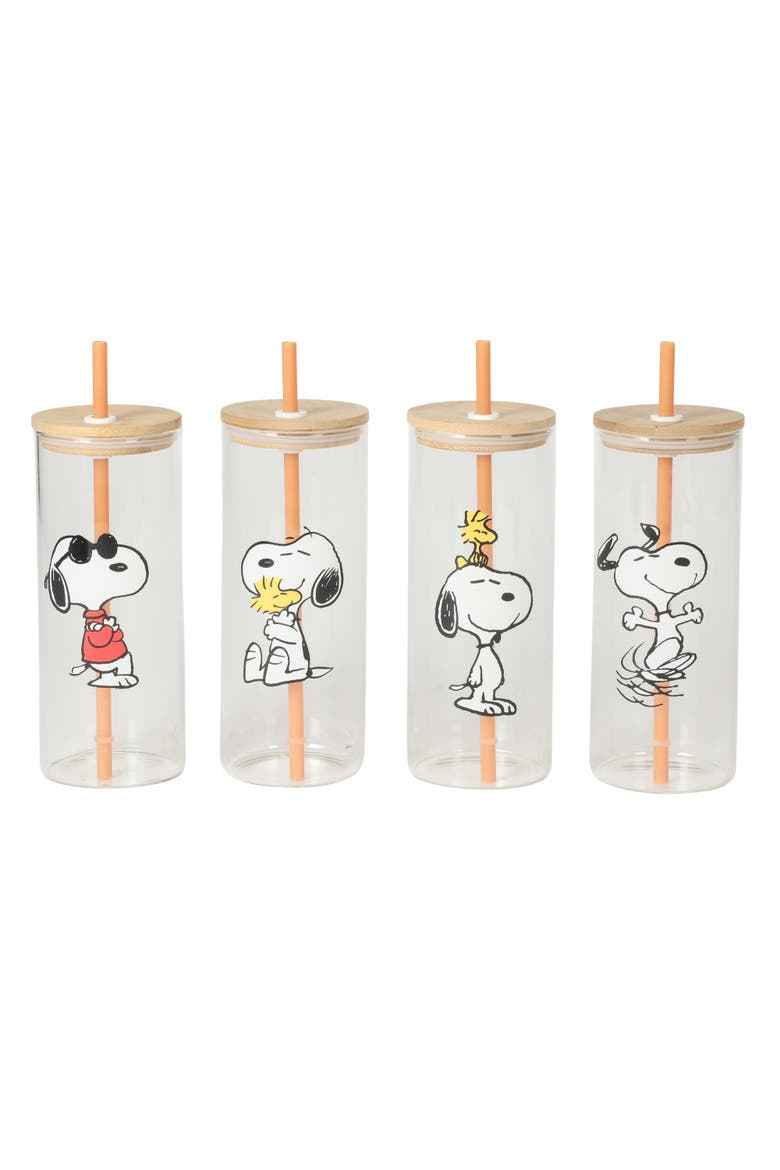 Snoopy Happy Sips 23 oz Glass Tumbler Set with Lids, 4-Piece, Main, color, Assorted Colors