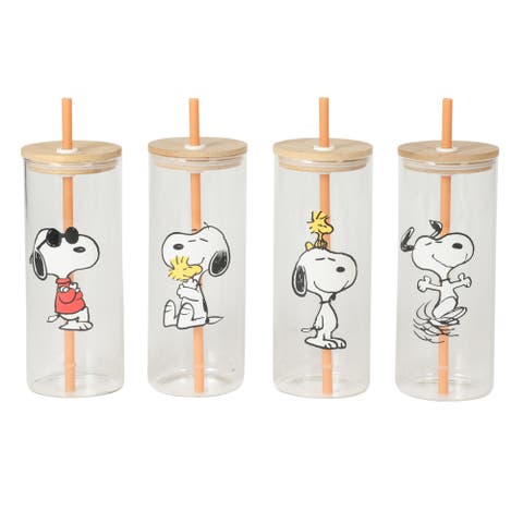 Snoopy Happy Sips 23 oz Glass Tumbler Set with Lids, 4-Piece