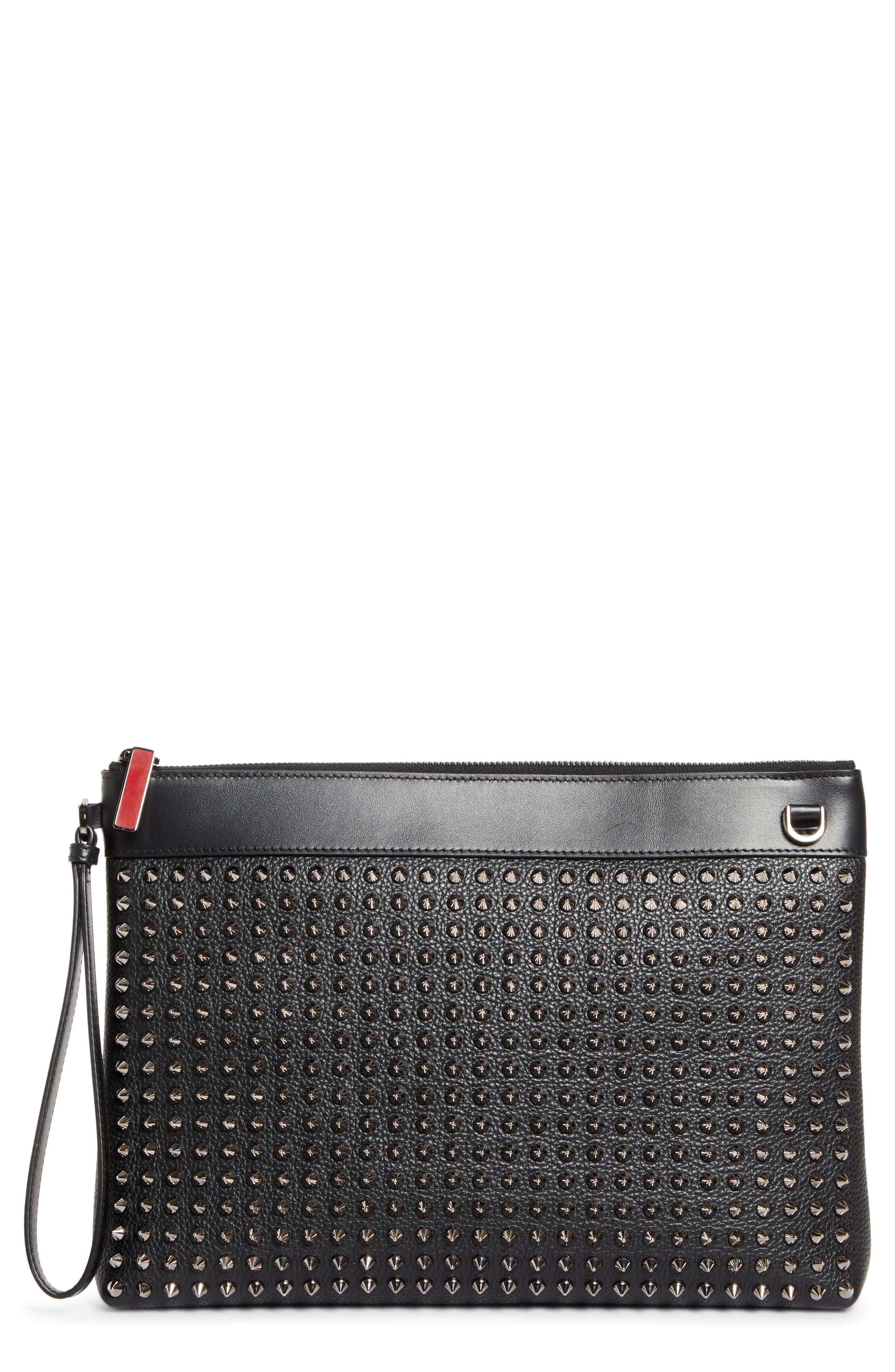 Funky Crosta Spikes Suede Wristlet Pouch, Main, color, BLACK/ GUN METAL