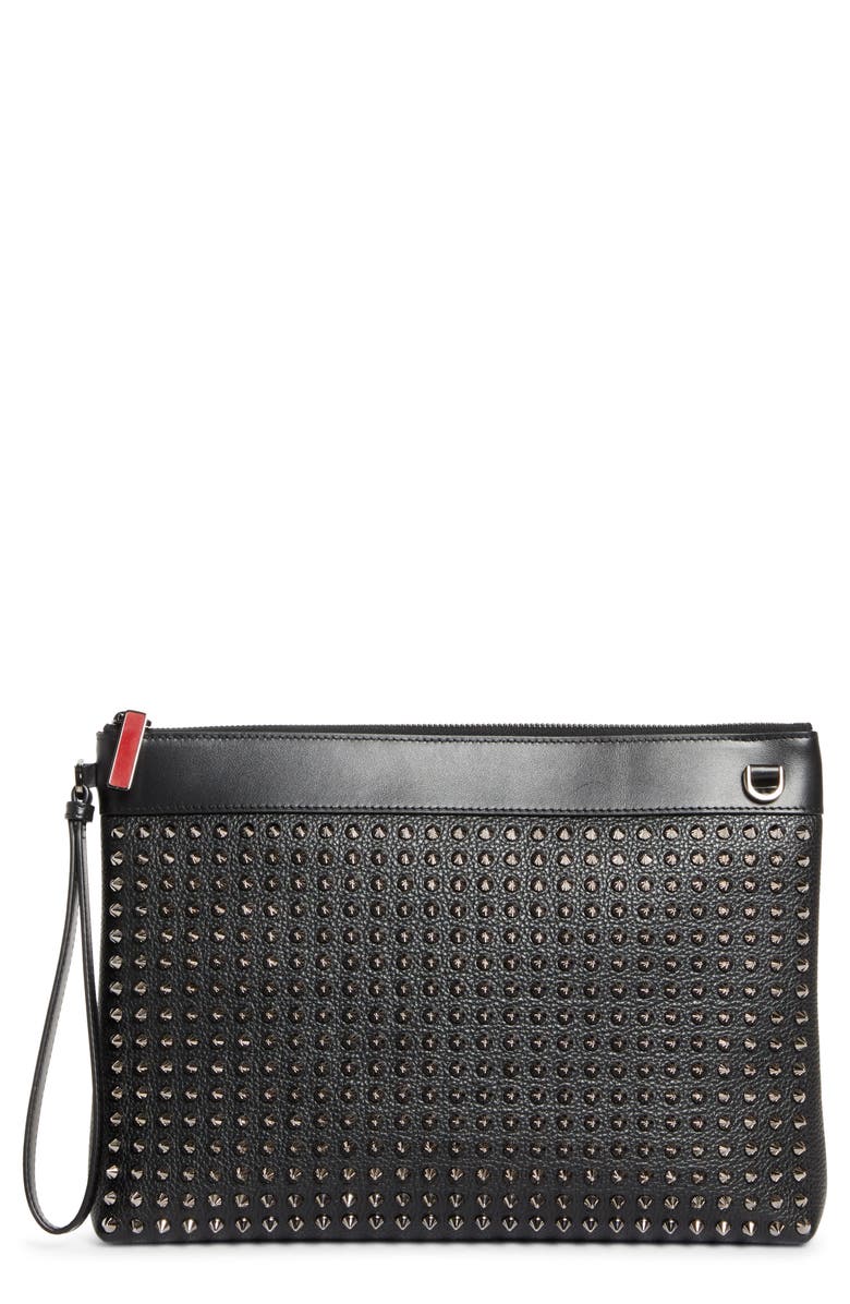 Christian Louboutin Funky Crosta Spikes Suede Wristlet Pouch, Main, color, Black/ Gun Metal